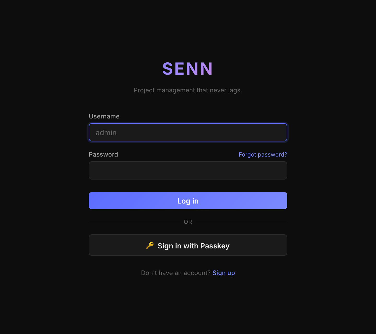 SENN login screen, with username and password fields, a Log in button, and a sign-up link below