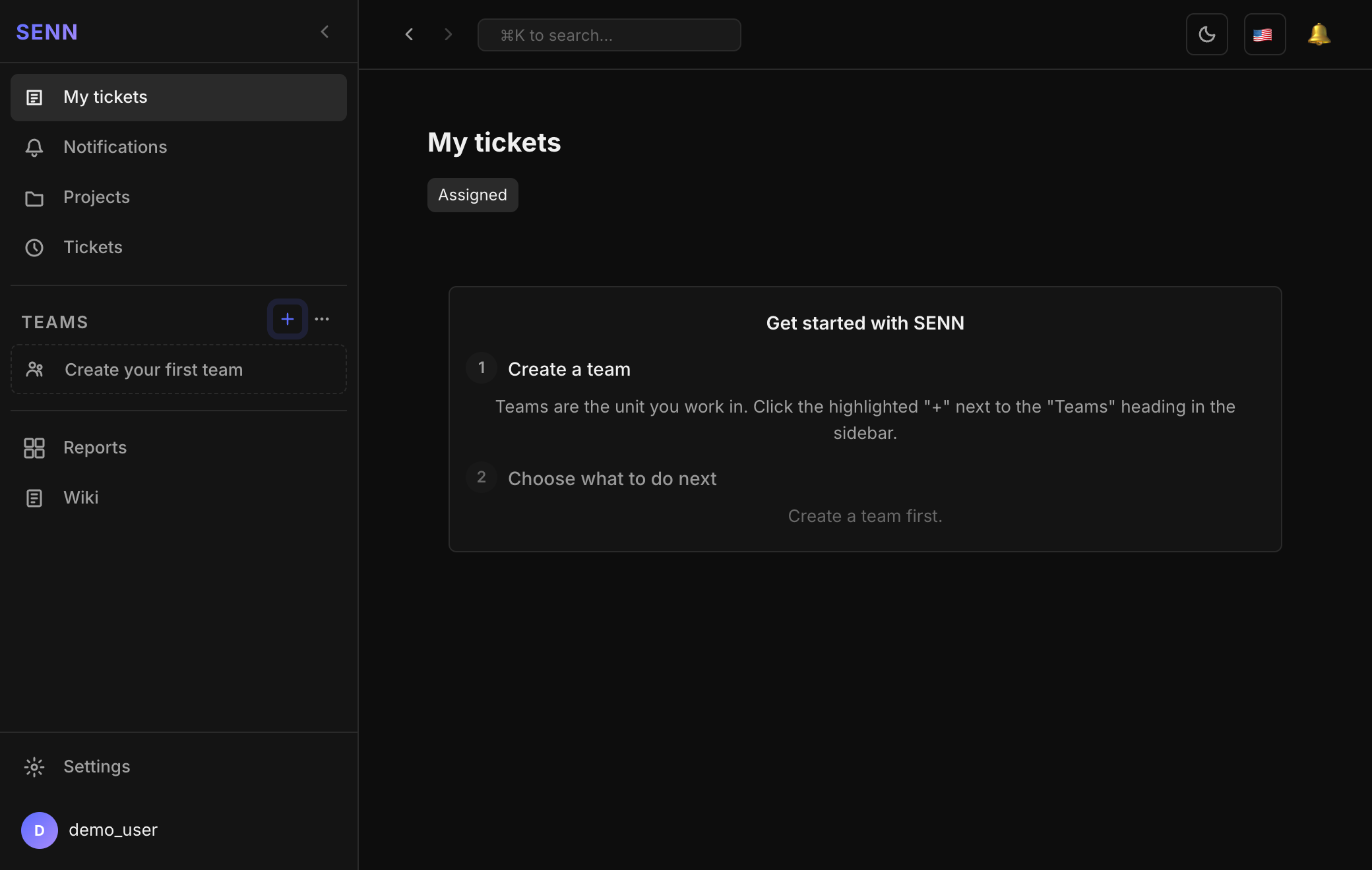 Main screen right after signing up. A Get started with SENN panel prompts you to create a team first
