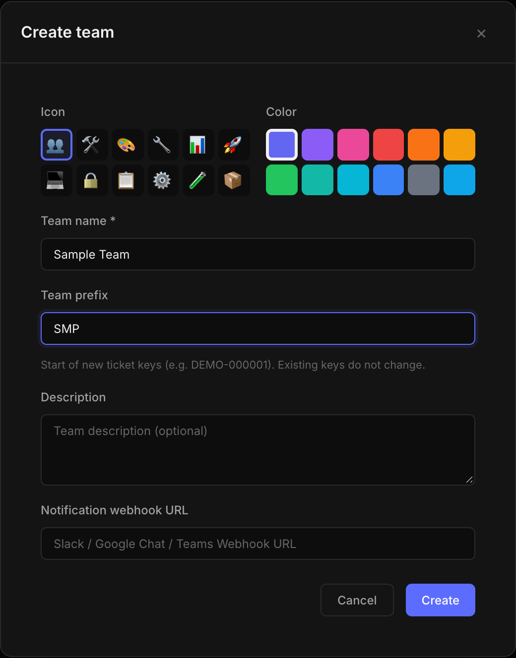Create team dialog with Sample Team as the name and SMP as the team prefix