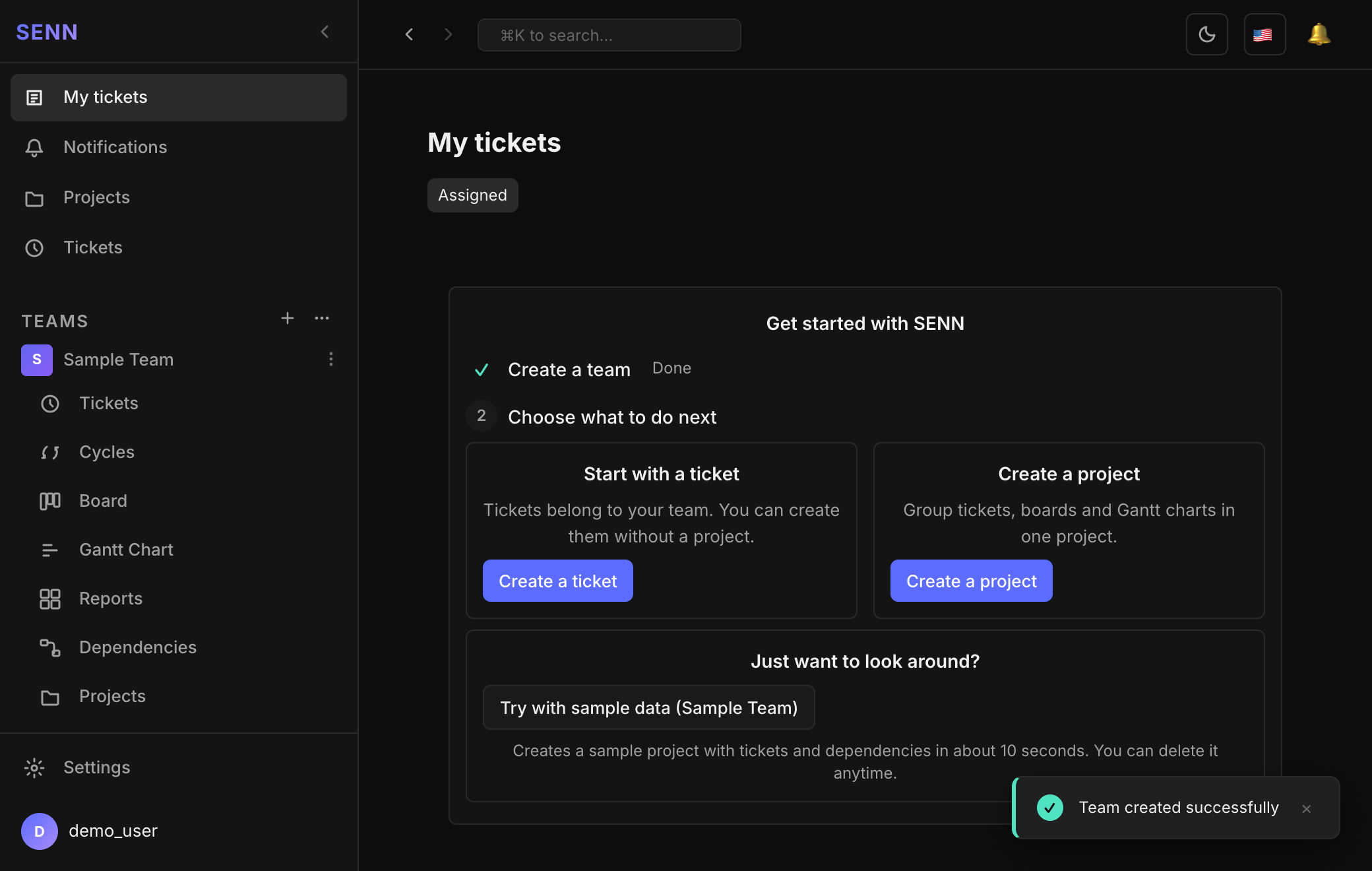 Screen after creating a team. The sidebar shows Sample Team, with Create a ticket and Create a project buttons