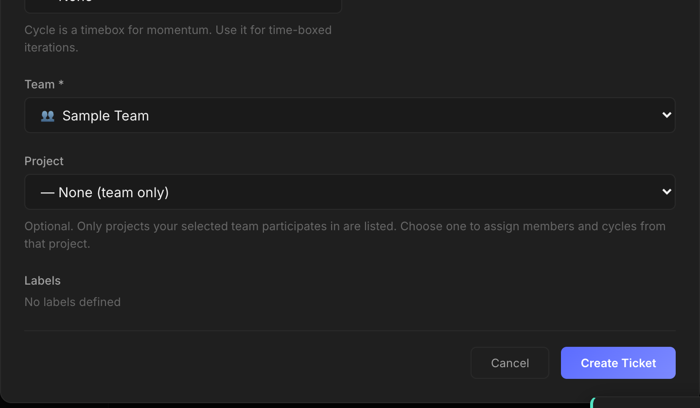 Ticket creation dialog (bottom part). The Team field already has Sample Team selected, with a Create Ticket button