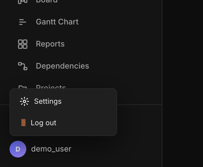 Menu opened from the username at the bottom left, with Settings and Log out options
