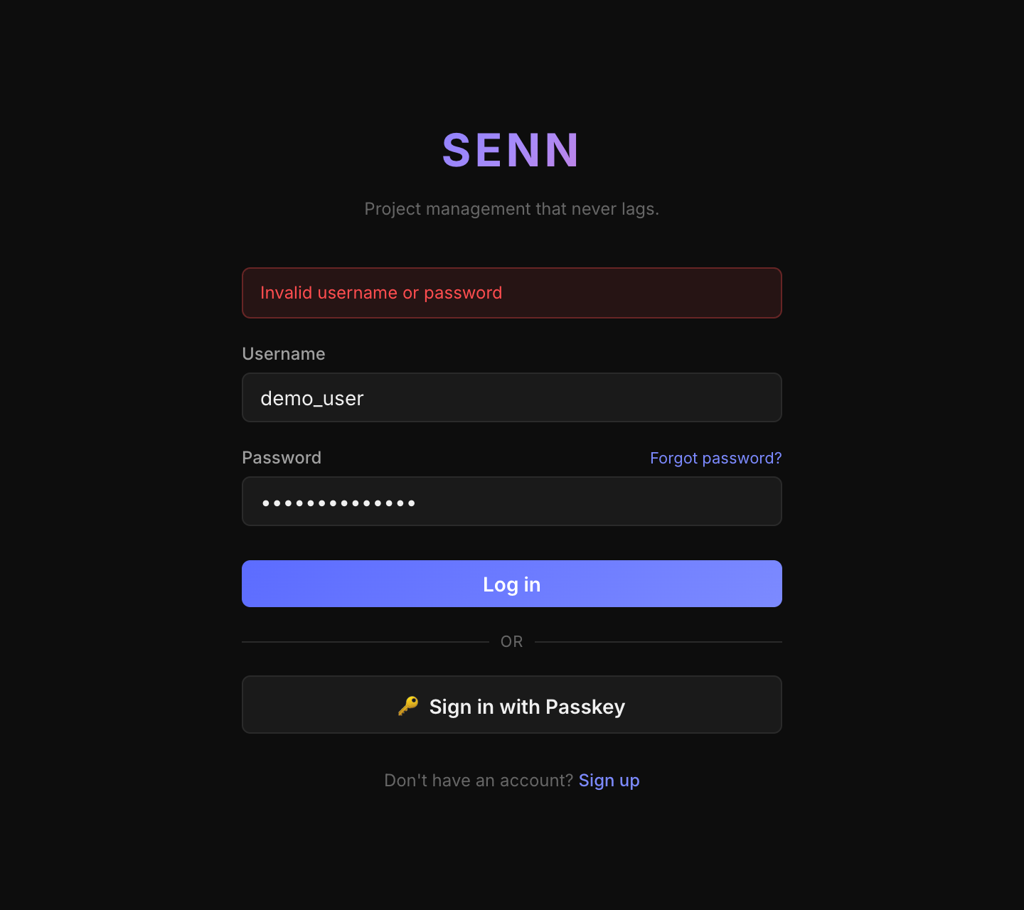 Login screen showing an 'Invalid username or password' error after an incorrect password