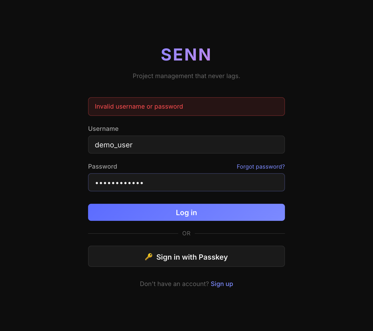 Login screen with the registered username and password filled in
