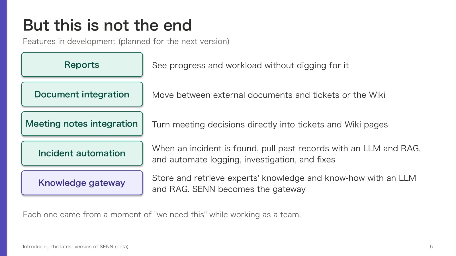 But this is not the end. Features in development (planned for the next version): reports (see progress and workload without digging for it), document integration (move between external documents and tickets or the Wiki), meeting notes integration (turn meeting decisions directly into tickets and Wiki pages), incident automation (when an incident is found, pull past records with an LLM and RAG, and automate logging, investigation, and fixes), and a knowledge gateway (store and retrieve experts' knowledge and know-how with an LLM and RAG; SENN becomes the gateway). Each one came from a moment of “we need this” while working as a team.