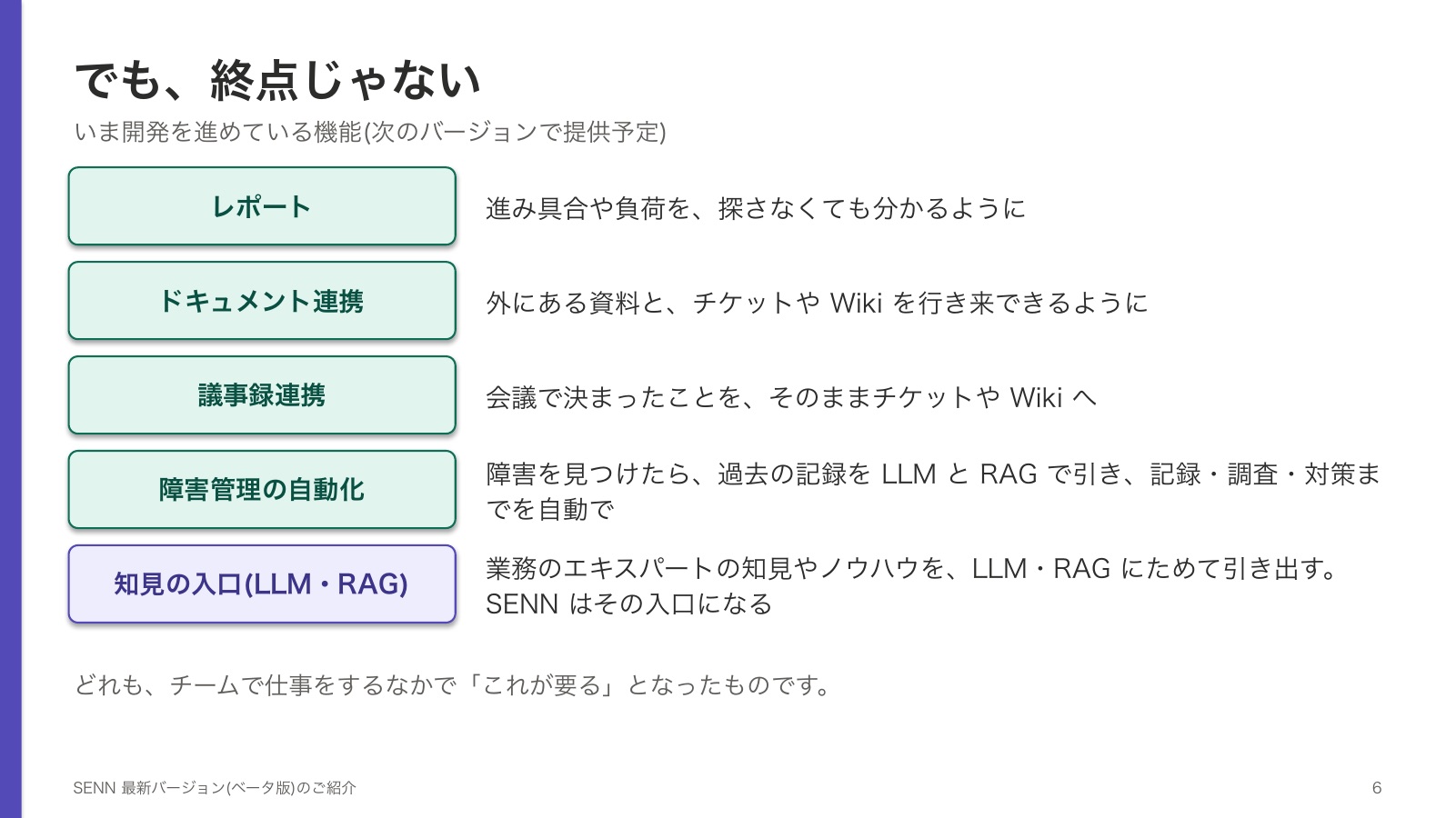でも、終点じゃない。いま開発を進めている機能(次のバージョンで提供予定)。レポート(進み具合や負荷を探さなくても分かるように)、ドキュメント連携(外にある資料と、チケットや Wiki を行き来できるように)、議事録連携(会議で決まったことをそのままチケットや Wiki へ)、障害管理の自動化(障害を見つけたら過去の記録を LLM と RAG で引き、記録・調査・対策までを自動で)、知見の入口(業務のエキスパートの知見やノウハウを LLM・RAG にためて引き出す。SENN はその入口になる)。どれも、チームで仕事をするなかで「これが要る」となったもの。